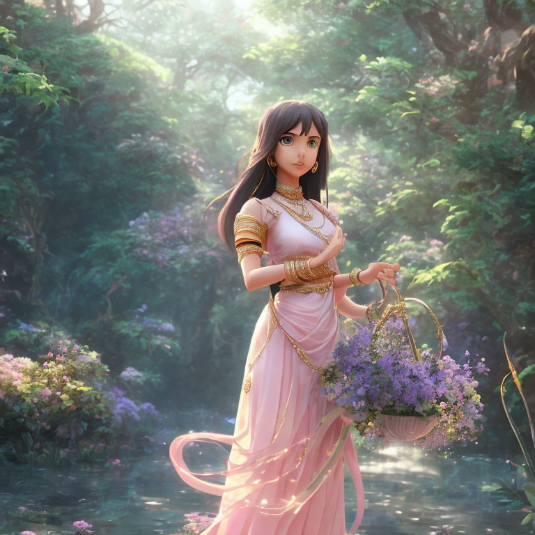 Digital illustration of woman in Indian attire in mystical forest.