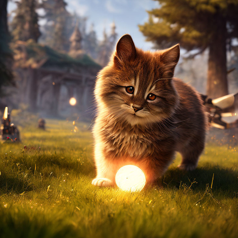 Brown Tabby Kitten with Glowing Sphere in Mystical Forest