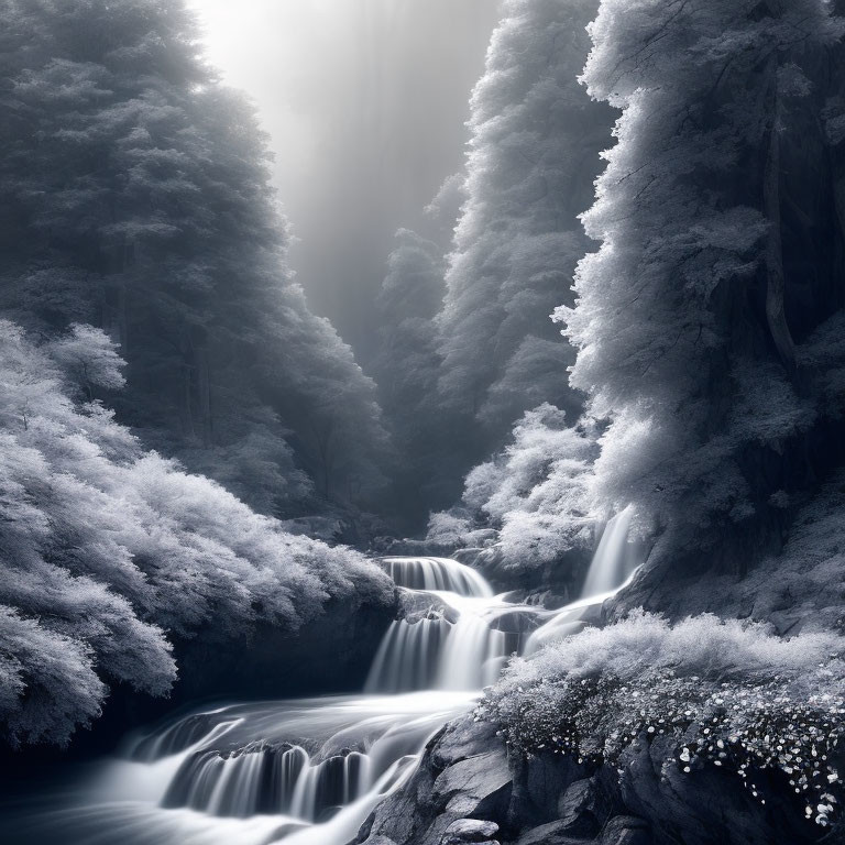 Serene forest scene with mystical waterfall in soft light