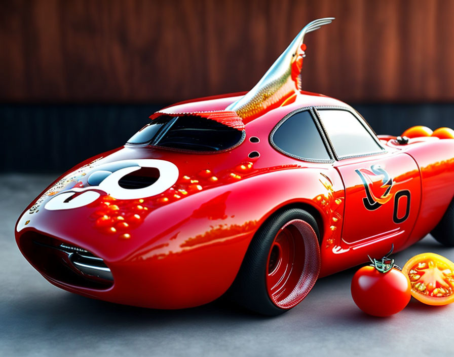 Red Animated Race Car with Tomato Elements and "95" Number Displayed in Stylized Setting