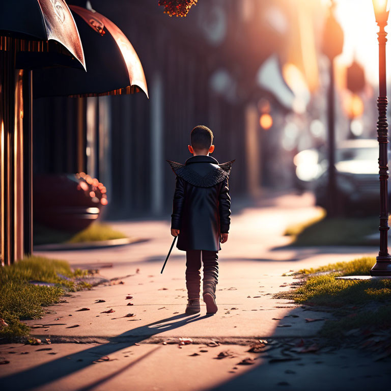 Child in costume with cape and wand strolling on sunny street