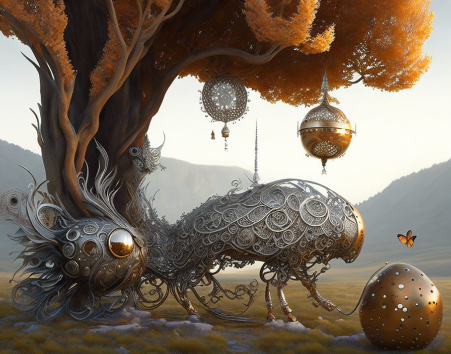 Fantastical landscape with metallic chameleon, autumn tree, floating orbs, and wind chimes