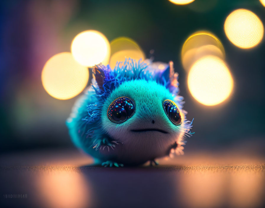 Blue plush creature with shiny eyes on bokeh background