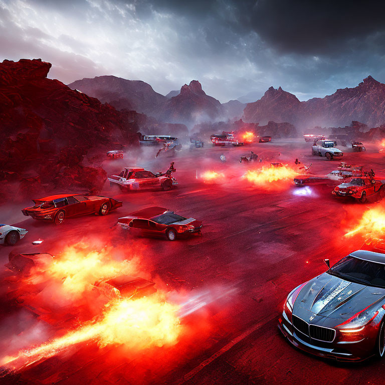 Fiery battle scene with cars and armed vehicles in rocky landscape