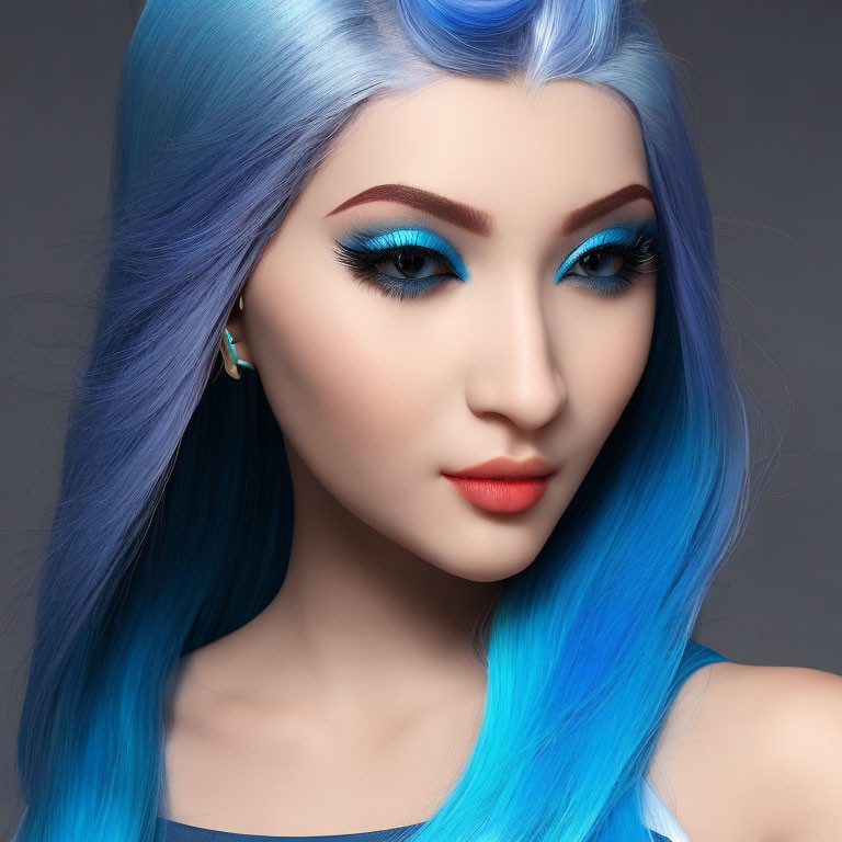 Blue-haired woman with bold eyeliner and pale skin gazes forward