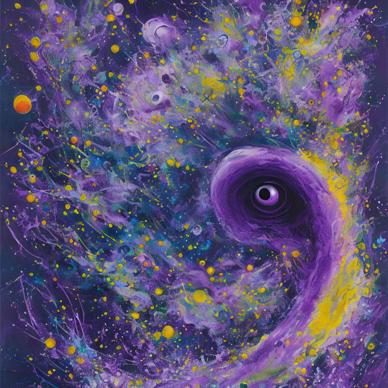 Colorful cosmic painting with purple swirls, black hole center, stars, and planets on dark background