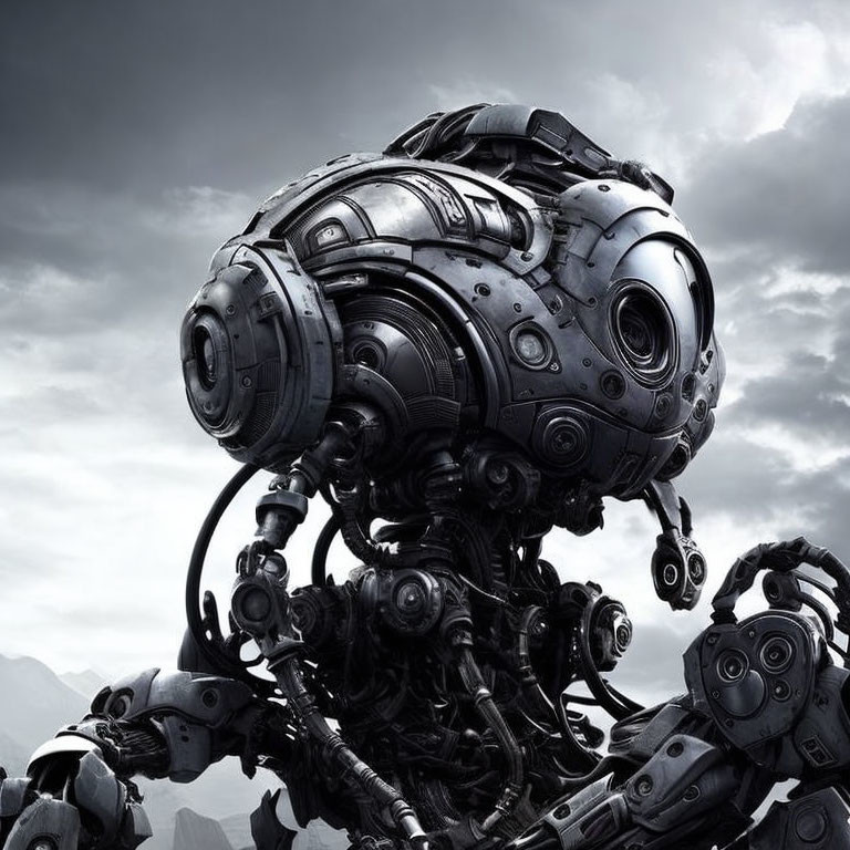 Detailed mechanical structure resembling a robot with large spherical body against cloudy sky