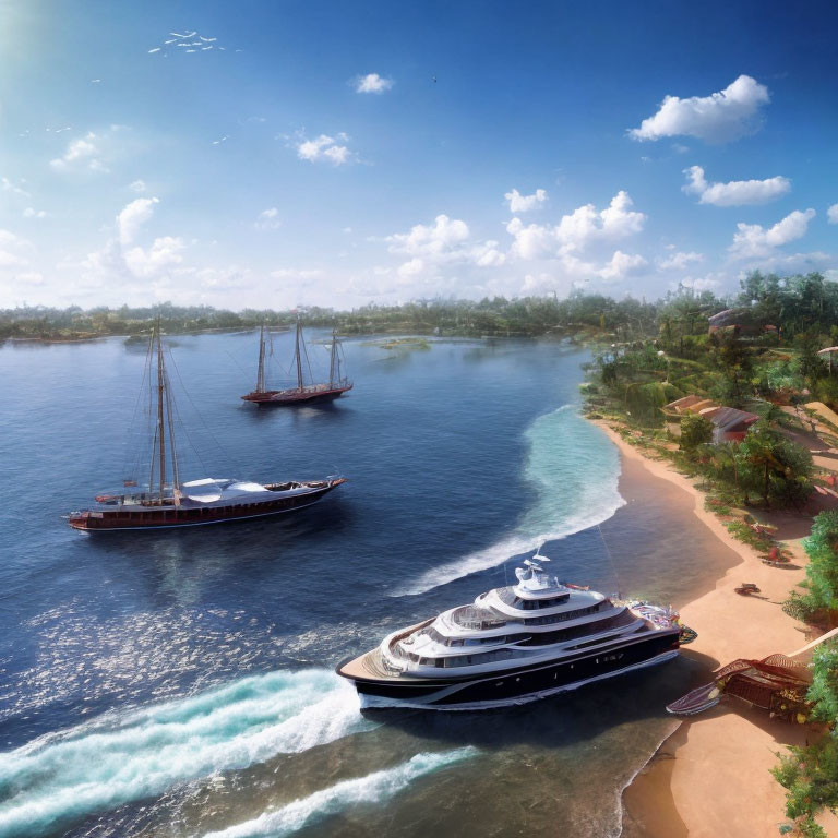 Luxurious yachts near tropical coastline with huts under sunny sky