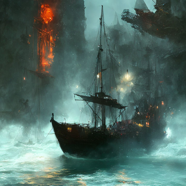 Ghostly sailing ship in turbulent blue waters amidst burning wreckage