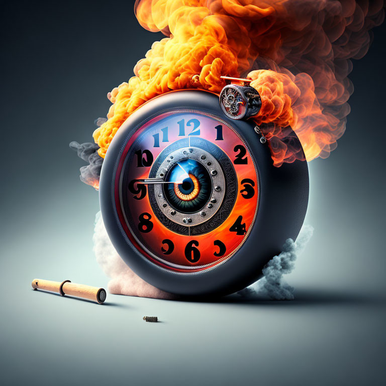 Surreal melting clock with eye, smoking cigar, and flaming watch