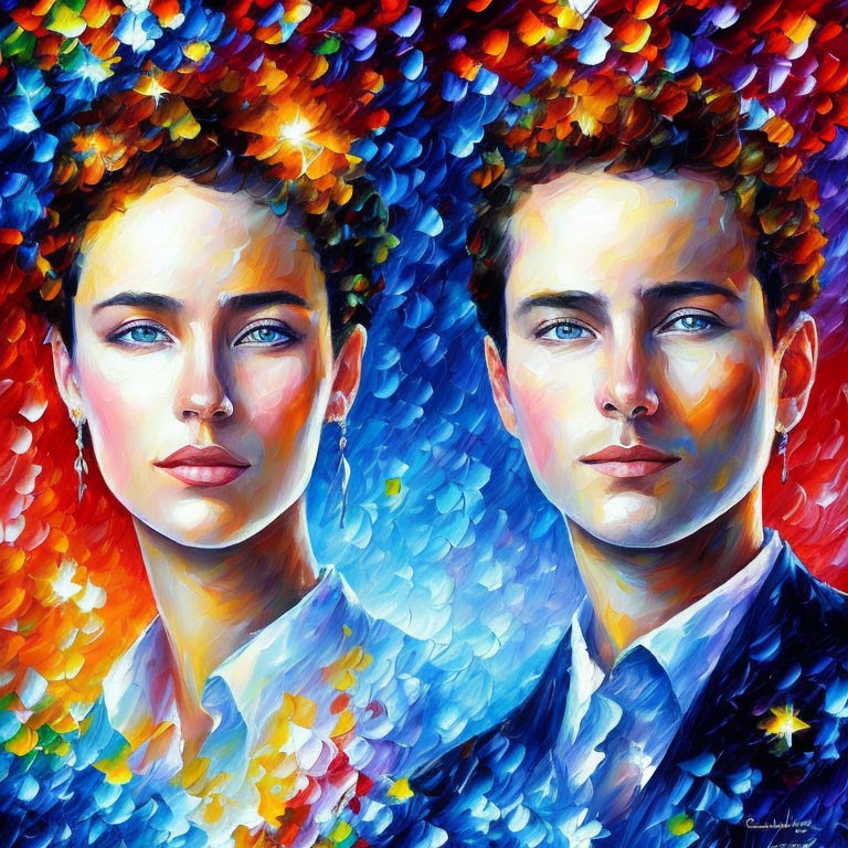 Colorful portrait of a woman and man with vibrant brush strokes and bright mosaic colors.