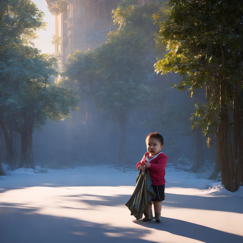 Toddler in red top holds cloth on sunlit path with trees and mystical building