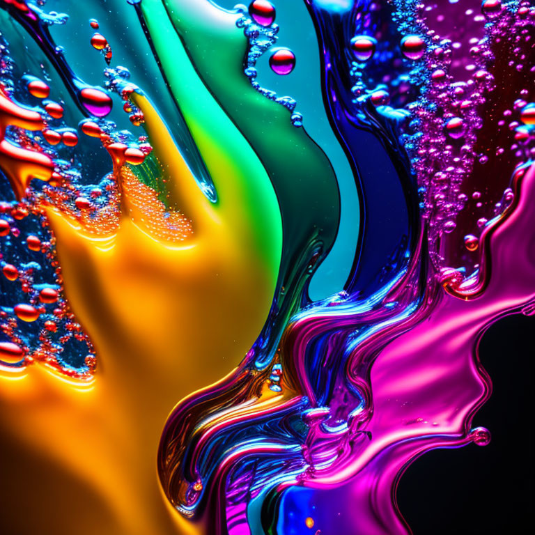 Colorful swirling fluid art with glossy reflections and bubbles on dark background