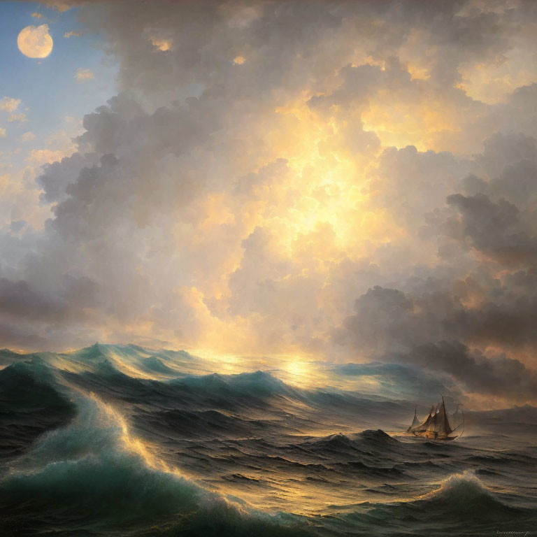 Sailing ship in choppy ocean with dramatic sky and golden sunlight.