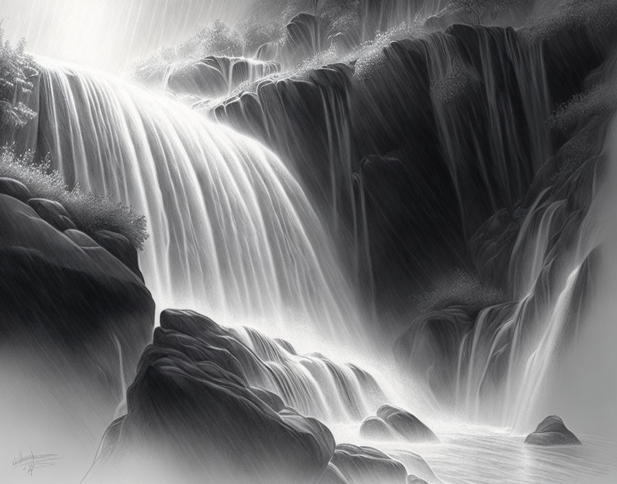 Monochrome illustration of cascading waterfall with light rays on rocks & foliage