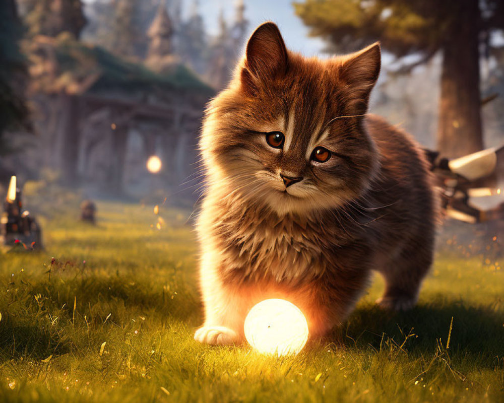 Brown Tabby Kitten with Glowing Sphere in Mystical Forest