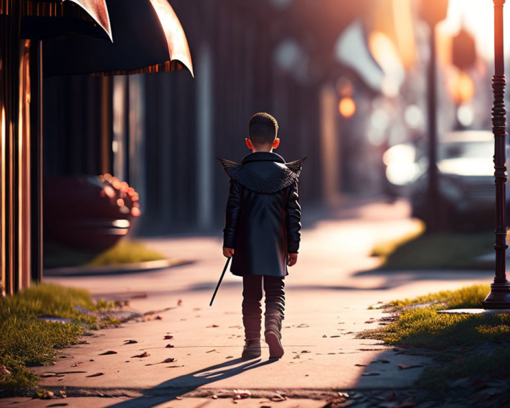 Child in costume with cape and wand strolling on sunny street