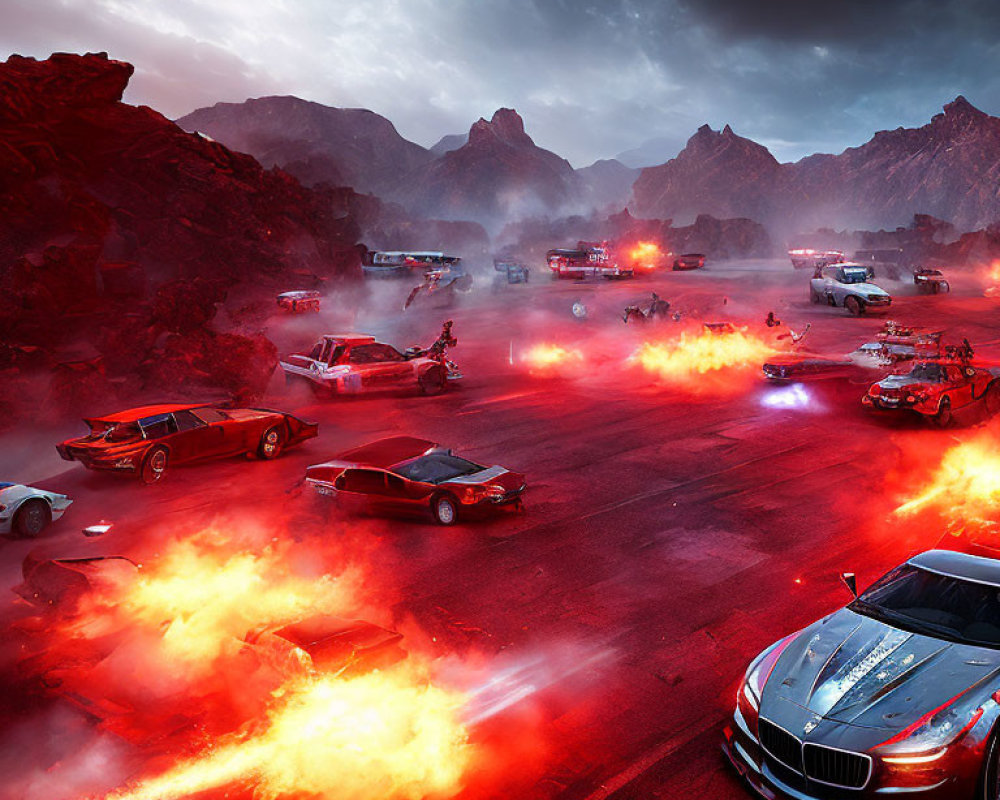 Fiery battle scene with cars and armed vehicles in rocky landscape