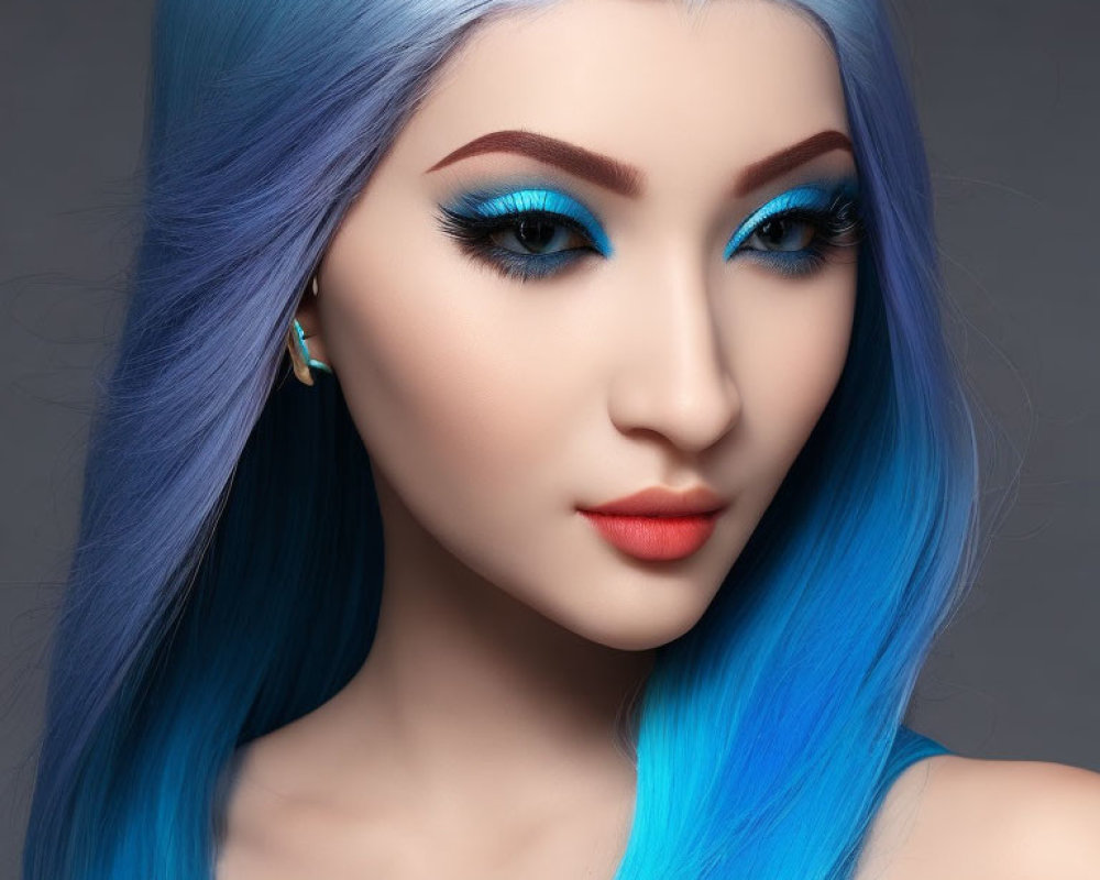 Blue-haired woman with bold eyeliner and pale skin gazes forward