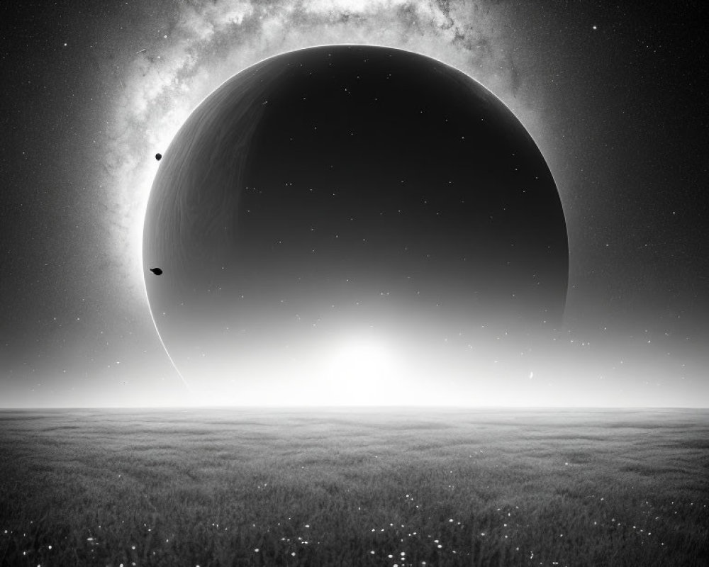 Surreal starlit landscape with large planet and moons over grassy field