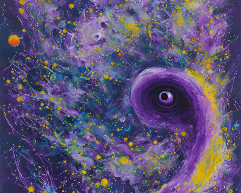 Colorful cosmic painting with purple swirls, black hole center, stars, and planets on dark background