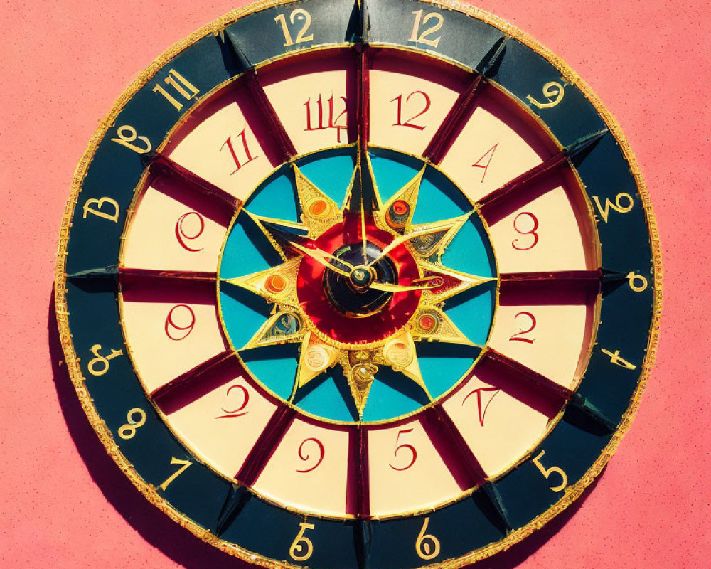 Elegant ornate clock with Roman numerals on pink backdrop