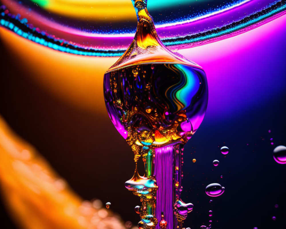 Colorful Close-Up of Liquid Droplet Formation on Iridescent Background