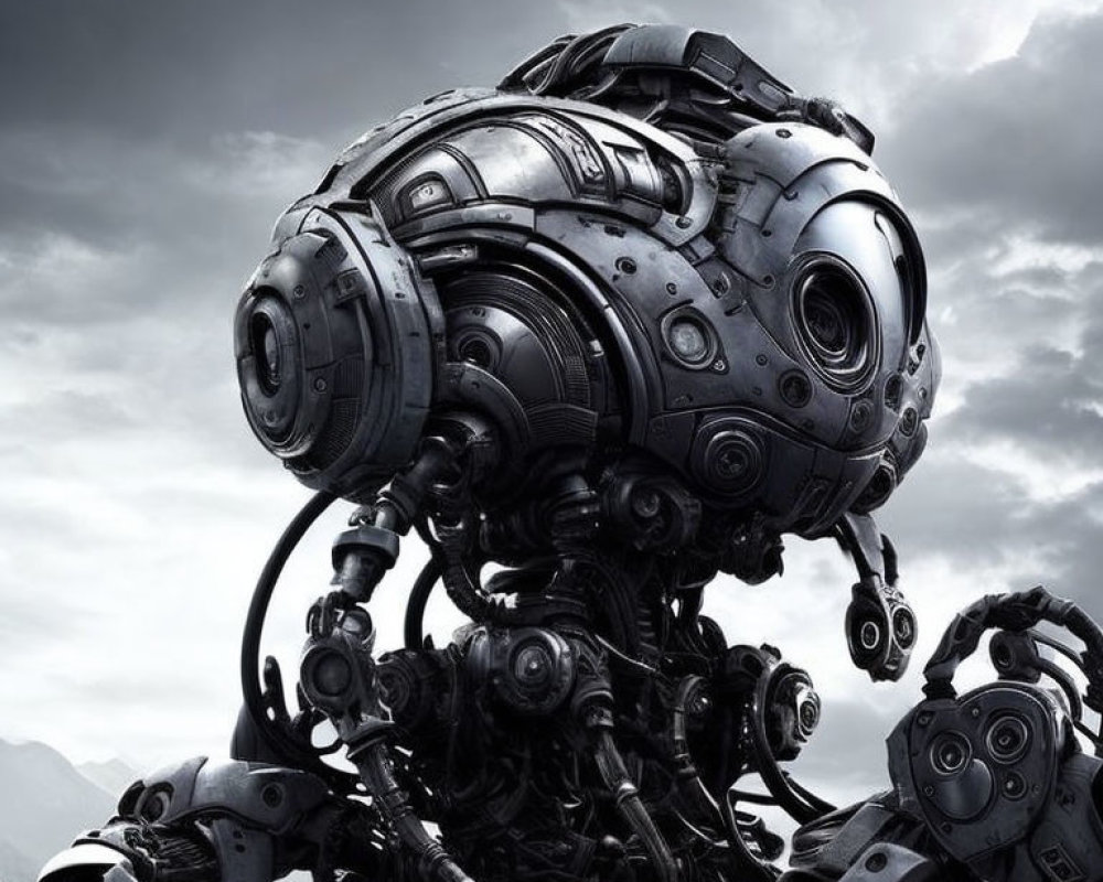 Detailed mechanical structure resembling a robot with large spherical body against cloudy sky