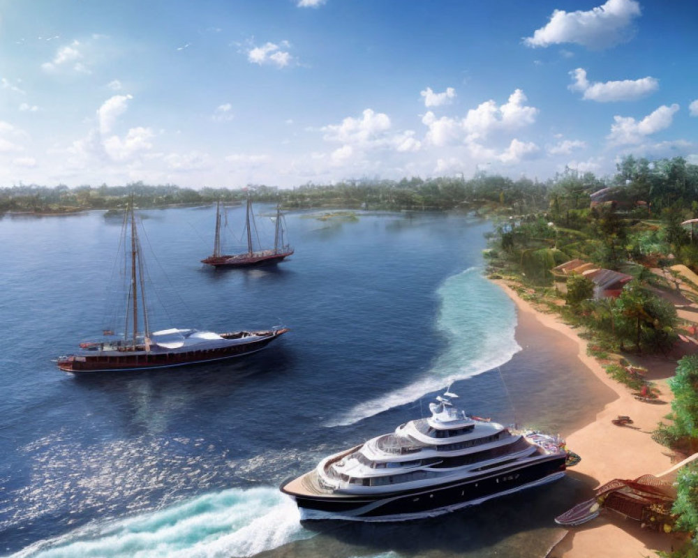 Luxurious yachts near tropical coastline with huts under sunny sky