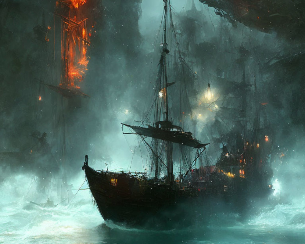 Ghostly sailing ship in turbulent blue waters amidst burning wreckage