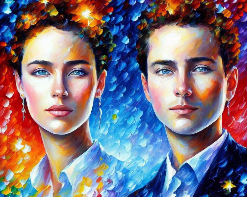 Colorful portrait of a woman and man with vibrant brush strokes and bright mosaic colors.