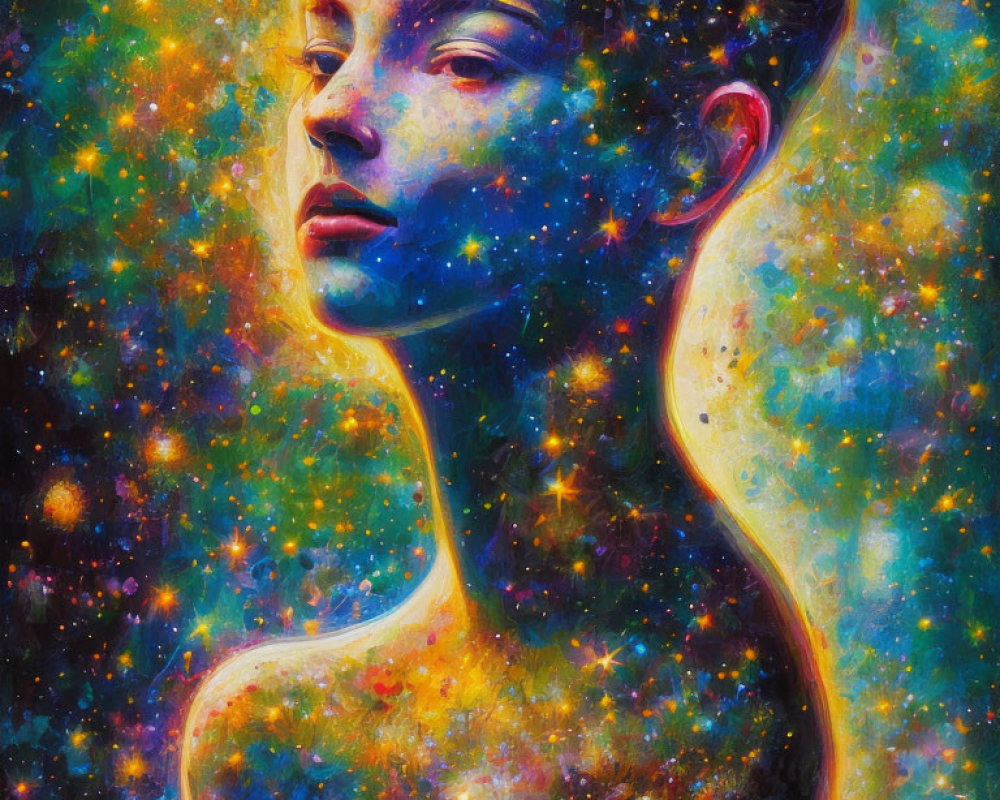 Colorful cosmic portrait merging woman's profile with starry space.