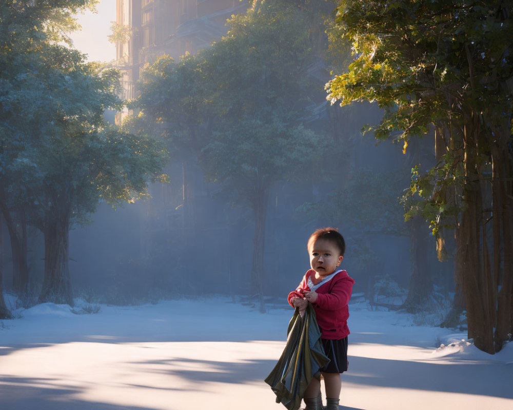 Toddler in red top holds cloth on sunlit path with trees and mystical building