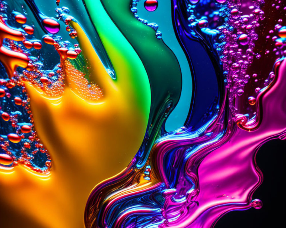 Colorful swirling fluid art with glossy reflections and bubbles on dark background