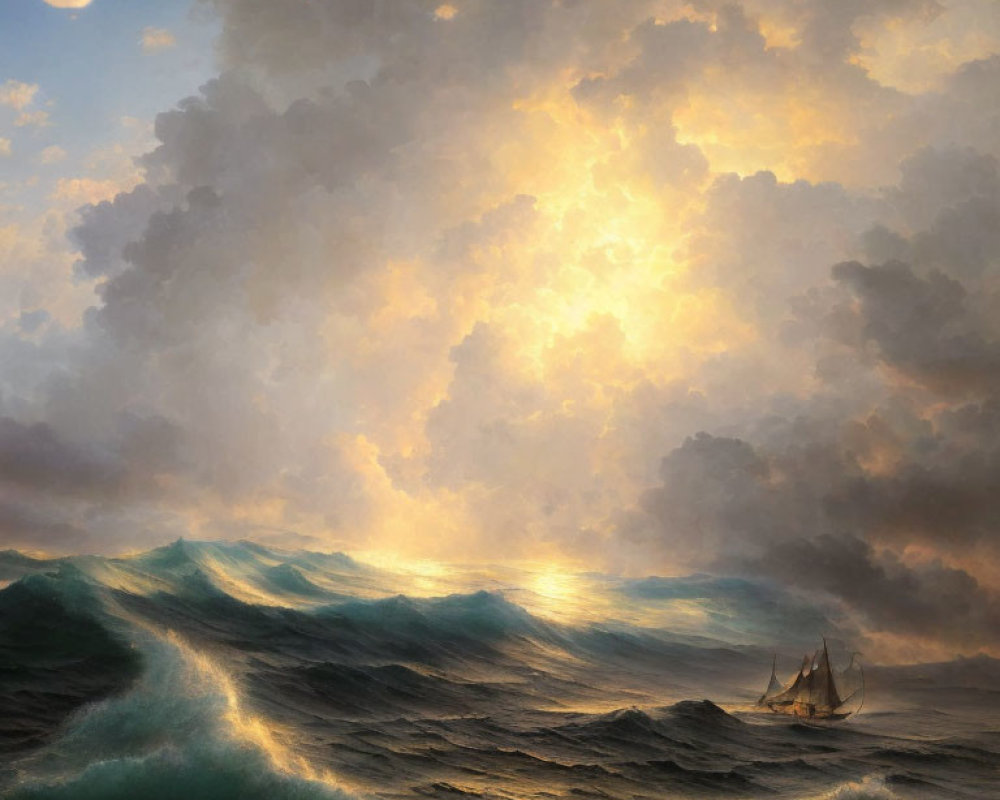 Sailing ship in choppy ocean with dramatic sky and golden sunlight.