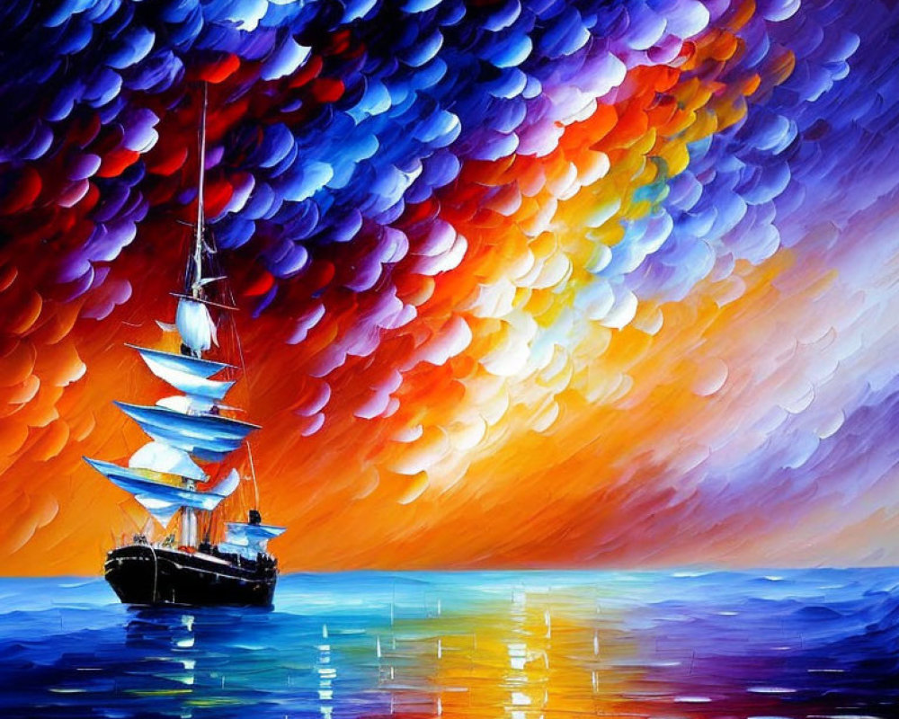 Colorful sailing ship on textured sea under fiery sky blend.