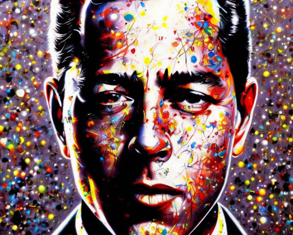 Colorful splattered paint over monochromatic man in suit portrait.