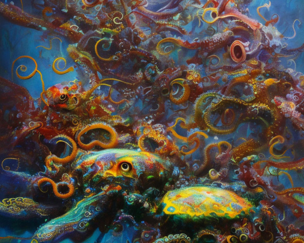 Colorful Octopus Artwork with Swirling Tentacles in Blue Environment