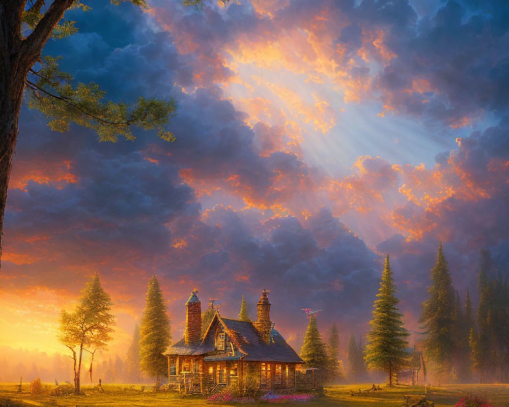 Rustic cabin in flower field with sunbeams and dramatic clouds at dusk