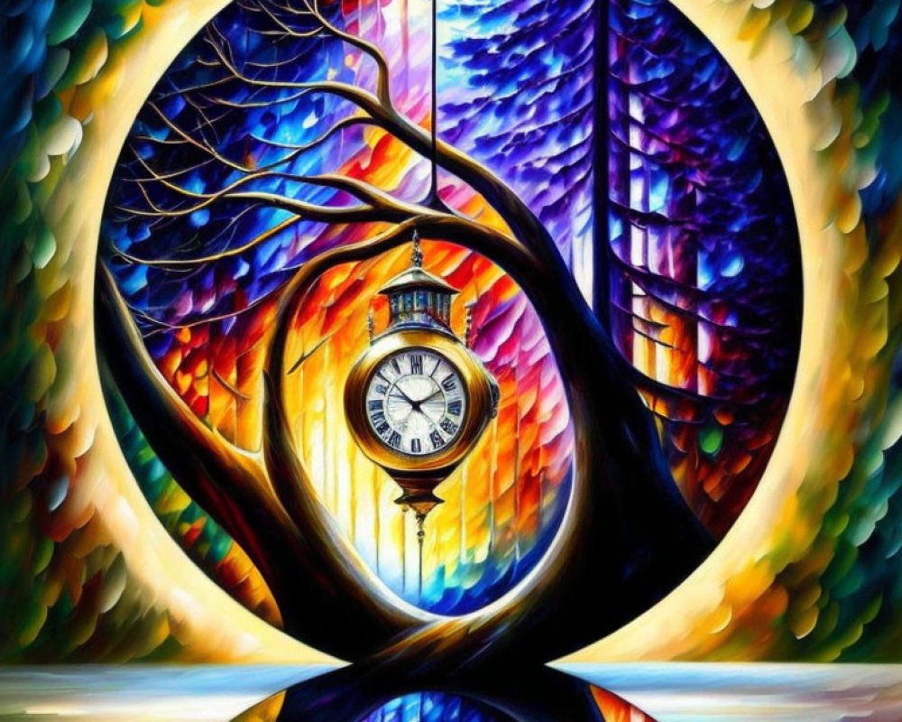 Colorful surreal painting: Tree with clock, swirling patterns