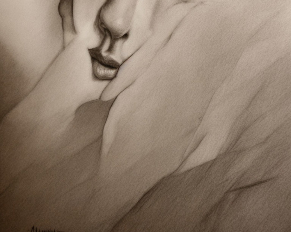 Detailed pencil sketch of serene face with covered hand highlighting lips, nose, and fingers.