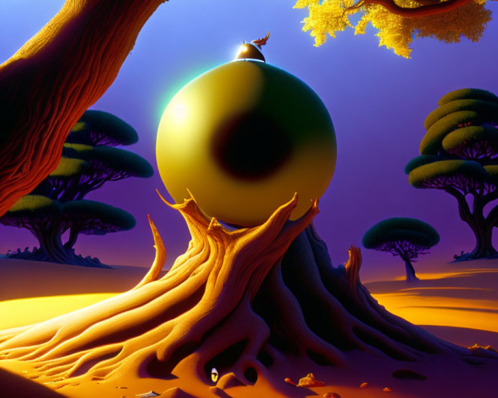 Surreal twilight landscape with glossy sphere and vibrant tree roots