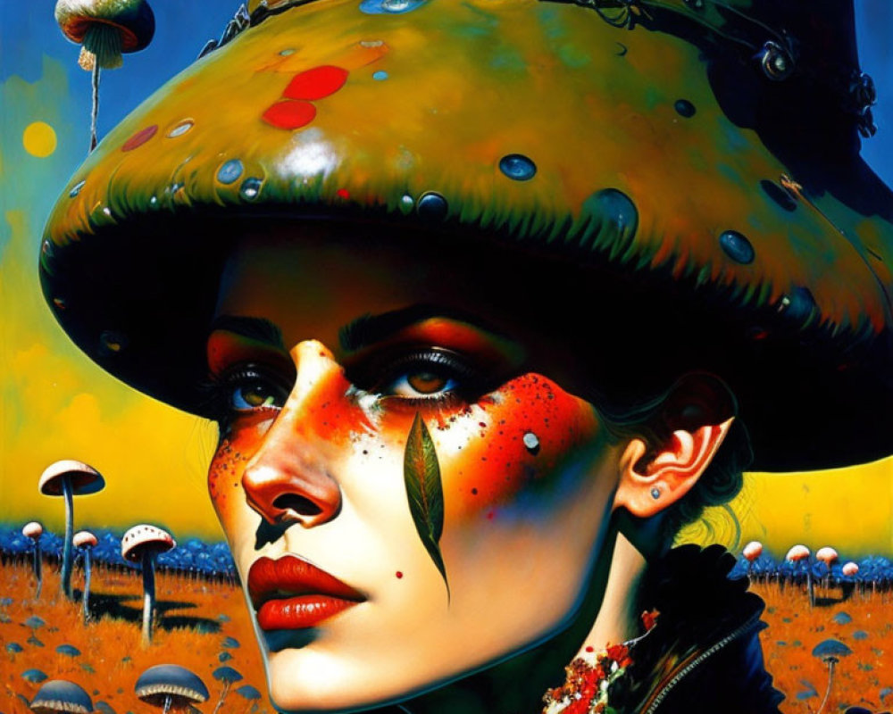 Colorful surreal portrait with mushroom hat in mushroom field