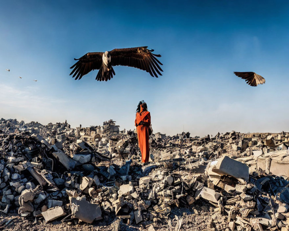 Person in Red Robe Amidst Rubble with Eagles Flying in Blue Sky