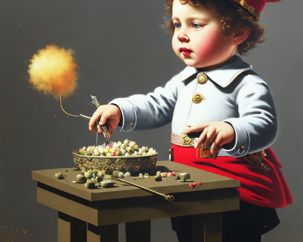 Toddler in Vintage Uniform Lighting Sparklers in Popcorn Bowl