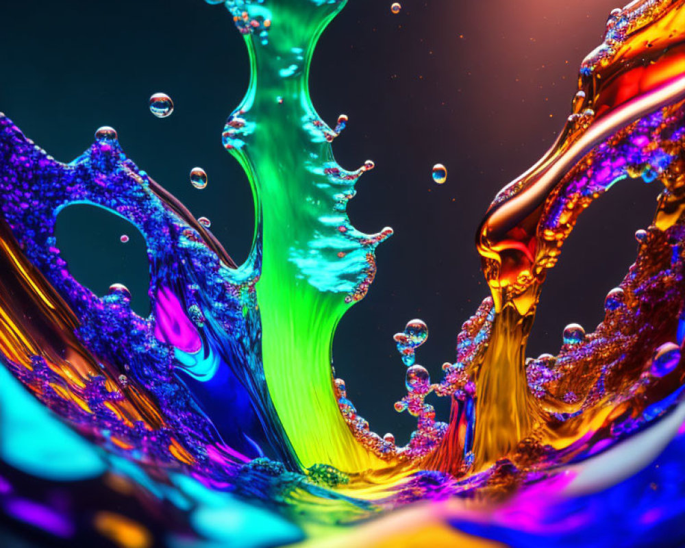 Vibrant liquid splashes in green, blue, purple, and orange on dark backdrop