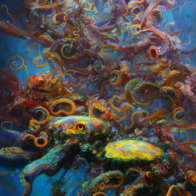 Colorful Octopus Artwork with Swirling Tentacles in Blue Environment