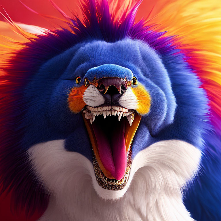 Colorful Roaring Lion with Exaggerated Mane in Blue, Orange, and Purple