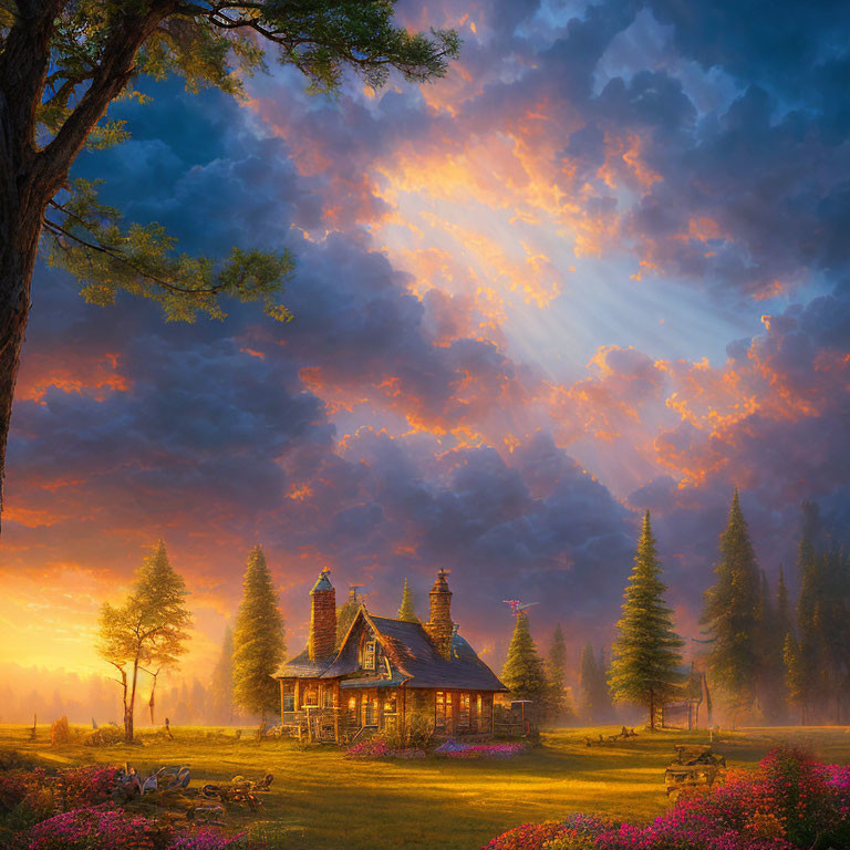 Rustic cabin in flower field with sunbeams and dramatic clouds at dusk