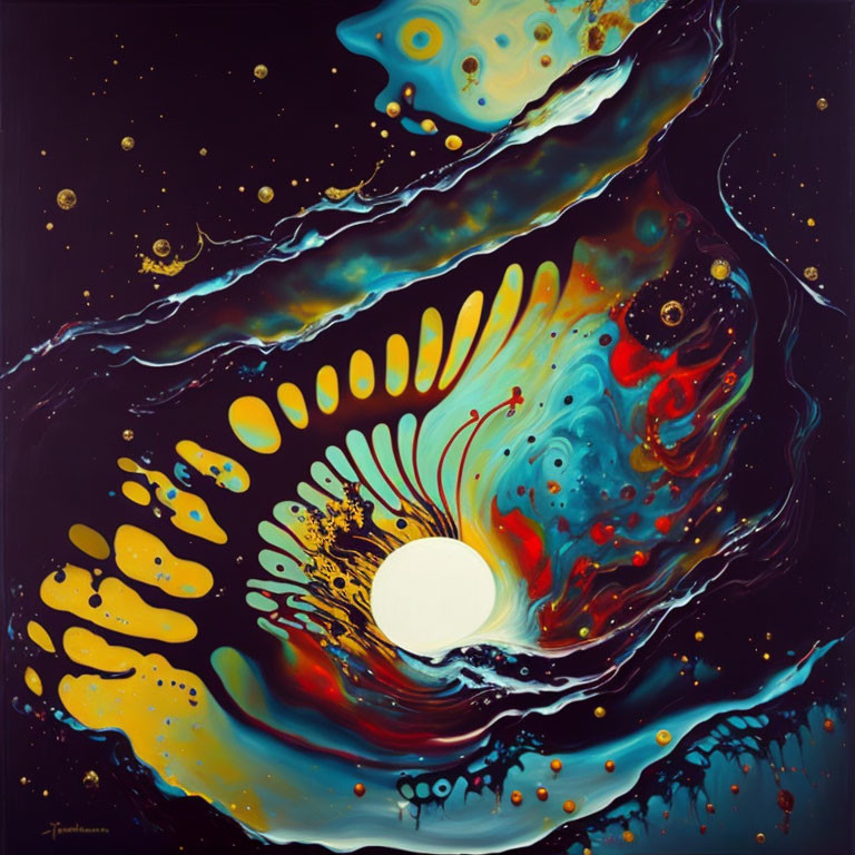 Colorful Swirling Patterns with White Circle: Abstract Cosmic Painting